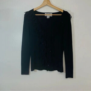 ParisLine Sweater Cardigan Woman Medium  Black Stretch Knit Beads Sequins Ruffle